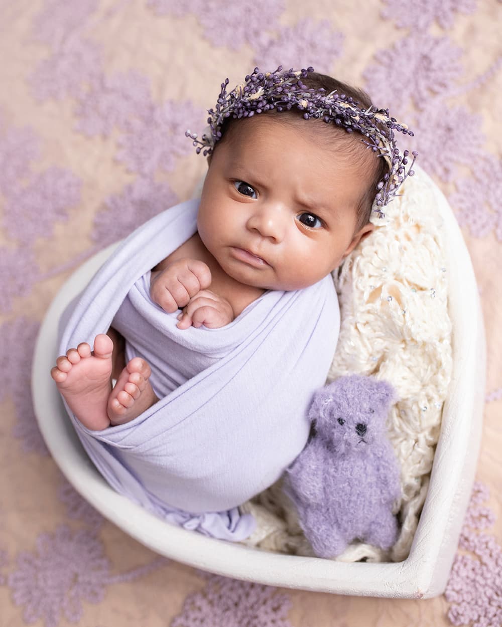 Awake Newborn In Heart Bowl Lavender